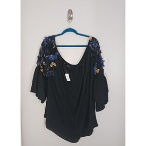 Fairycore Floral Embroidered Blouse 2X Mesh Sleeves Black Boho Plus New